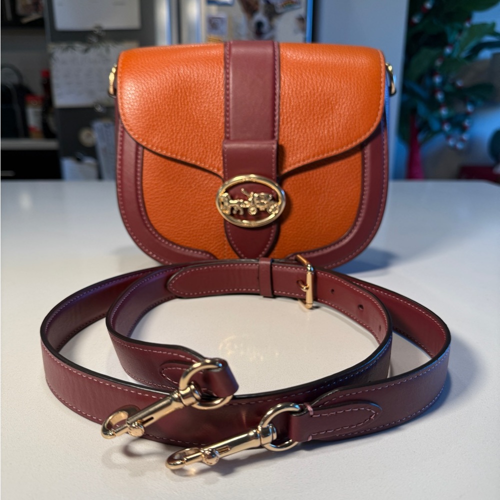 COACH - Georgie Saddlebag in Orange and Burgundy Colorblock - Picture 3 of 13
